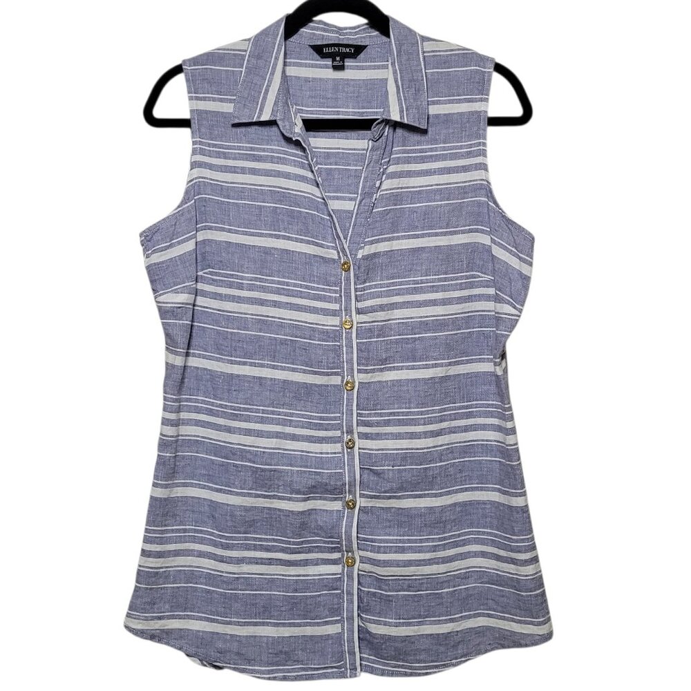 Ellen Tracy Sleeveless Linen Blouse Blue White Striped Button Down Top Womens M